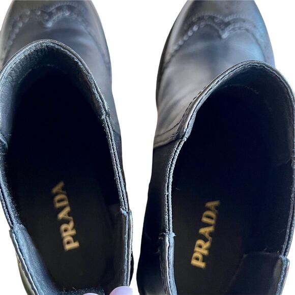 NWT Prada Size 8 Black Leather Chelsea Wingtip Chunky Boots EU 38.5 - Picture 4 of 7